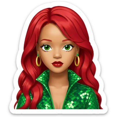 Rihanna with long red hair, green sequin outfit sticker