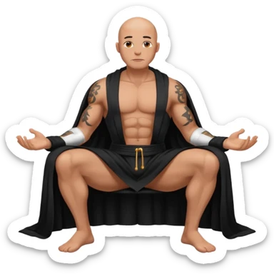fullbody jacked bald guy, sleeveless and unbuttoned in full black robe sitting sticker