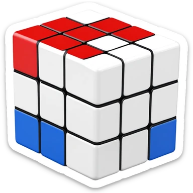 A partially solved 3x3 Rubik's Cube with only blue, red, and white colors, simple clean iOS emoji style sticker