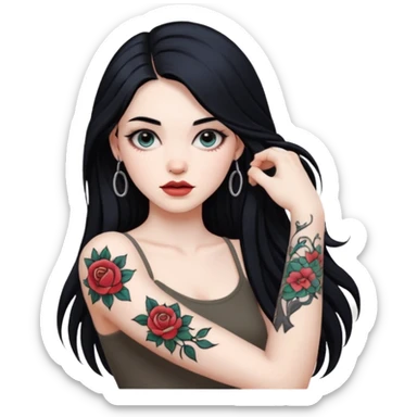 hyper realistic beautiful Pale girl with long black hair arm tattoos sticker