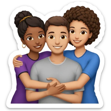  middle Eastern man with short brown hairwith two black african women both are African one is medium tone light tone skin black and one is medium tone black with african hair styles. and they are all smiling and putting their arms around each other and kiss, kissing and hugging. sticker