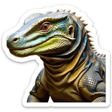 Cinematic Realistic Comical Komodo Dragon Portrait Emoji, Head tilted dramatically with an exaggeratedly amused expression, featuring a striking, glossy scaled hide with bold textures and wide, expressive eyes brimming with playful disbelief, rendered with lifelike detail and natural hues, high shine, dramatic yet playful, styled with an air of cheeky reptilian mischief, soft glowing outline, capturing the essence of a spirited and over‐the‐top Komodo dragon that looks ready to charge its way into viral fame! sticker