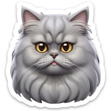 Cinematic Derpy grumpy comical Grey Persian Cat Portrait Emoji, Head tilted playfully with an adorably awkward expression, fluffy grey fur with soft silver undertones, Simplified yet hilariously derpy features, highly detailed, glowing with a warm but slightly confused glow, high shine, a mix of lazy and clueless, stylized with a touch of whimsy, bright but with a completely derpy and grumpy face, soft glowing outline, capturing the essence of a quirky yet chubby, grumpy kitty, so endearing it feels like it could stretch out of the screen and demand attention with its wonderfully derpy charm! sticker