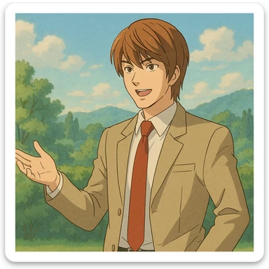 Light Yagami standing and explaining something with a confident expression, hand gesturing, soft colors, anime-inspired background in Ghibli style sticker