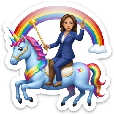 Kamala Harris and donald trump riding a rainbow unicorn sticker