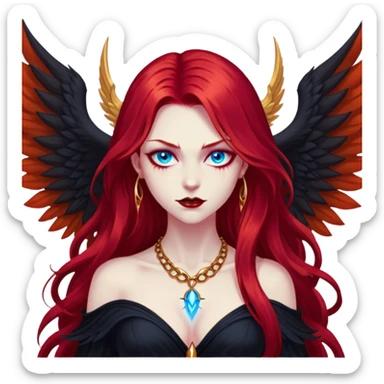 half body portrait of an extremely diabolical girl with massive towering wings, very long flowing blood red hair, glowing blue eyes, black hellfire aura, no horns, evil grin, gold necklace sticker