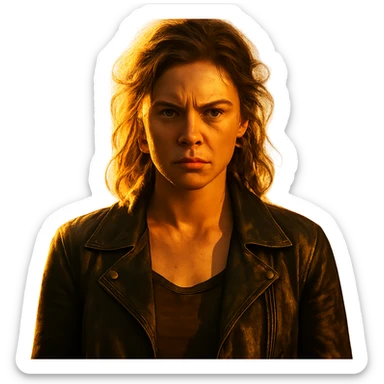 Create a centered portrait of the same woman with a rebellious and determined expression, in a golden hour lighting effect, with a transparent background. The style should resemble a Netflix series poster, cinematic and dramatic. sticker