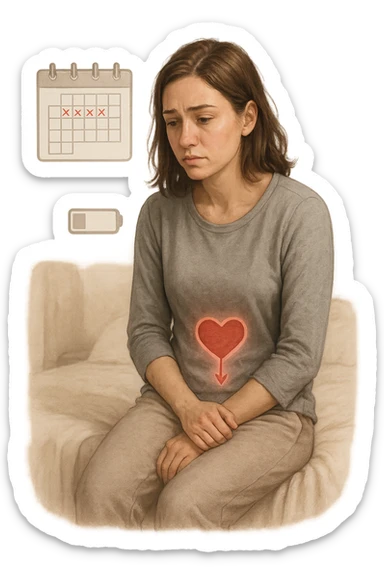 3D realistic medical illustration: a young woman in her 20s or 30s sits on the edge of a bed in a softly lit bedroom, looking thoughtful and slightly concerned. She wears comfortable loungewear, her posture is slouched, and her expression is subdued. Subtle visual cues—such as a faded calendar with missed menstrual cycles and a dimmed heart or energy icon near her abdomen—symbolize low libido and amenorrhea. The scene is realistic, intimate, and empathetic. sticker