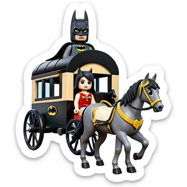  Ultra cute  Lego detailed 1854 Batman and pretty Catgirl driving dream horse drawn Caravan alone at romantic trails in the woods  sticker
