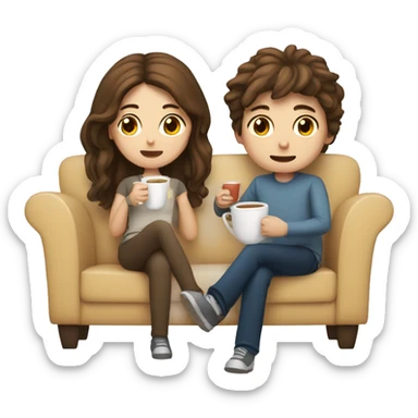 a couple  BOY and Girl with white skin and brown hair are sitting on the sofa and drinking tea, the girl has long hair sticker