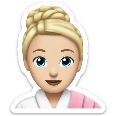 White girl with blonde hair in a bun and blue eyes and pink lips with a spa towel on her head and a robe on sticker