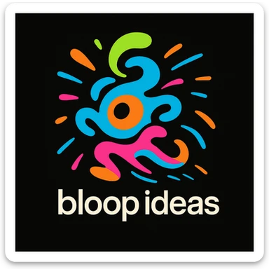 playful abstract mascot for a black website, energetic and imaginative, swirling shapes and motion lines to show thinking and movement, bright and bold color palette, creative tech portfolio, includes tagline 'bloop ideas' sticker