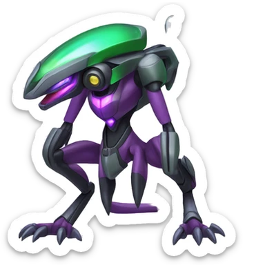 a shiny black-green-purple Genesect-Flygon-Raptor-Fakémon-Medabot-hybrid with a futuristic visor-helmet full body sticker
