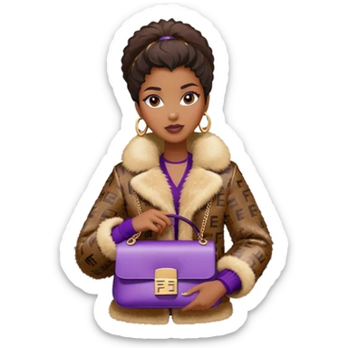 Beautiful black woman wearing a brown monogram Fendi jacket with a fur trim. She is carrying a purple sequined Fendi Baguette bag. I want the image close up. The jacket is not purple.  sticker