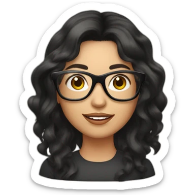 young peach skin woman with long black wavy hair and square black glasses on computer sticker