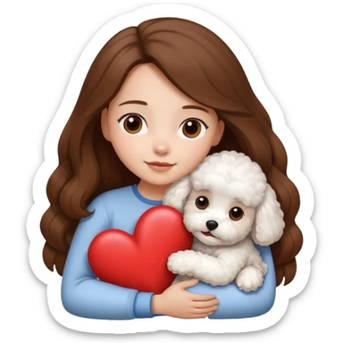 White bichon doh in hug with girl with long brown hair and heart between them sticker