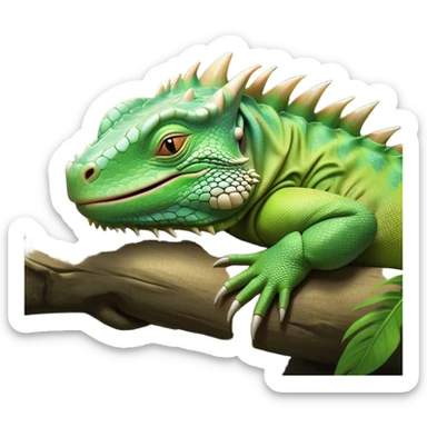 Meme-Worthy Cute Sleeping Iguana Portrait Emoji, Head resting peacefully with a contented smile, showcasing a solid, textured body with a subdued spiky crest and eyes gently closed in serene slumber, Simplified yet adorably endearing features, highly detailed, glowing with a soft, drowsy jungle light, high shine, relaxed and utterly lovable, stylized with an air of playful laziness, soft glowing outline, capturing the essence of a sleeping iguana that feels destined to become the next viral icon of adorable rest! sticker