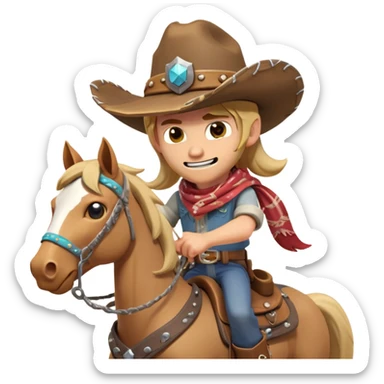 clash-of-clans-aesthetic_-cinematic-playful-cowboy-portrait-emoji, head-tilted with a roguish, cheeky grin and twinkling eyes, featuring a wide-brimmed cowboy hat and a weathered bandana on tan skin, riding a powerful galloping horse with dynamic flowing mane, reins gripped firmly in one hand and a lasso in the other, as dust swirls behind them in a vast desert landscape. sticker