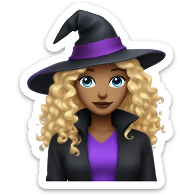 blonde curly hair blue eyes woman with purple witch hat and a black cat  sticker