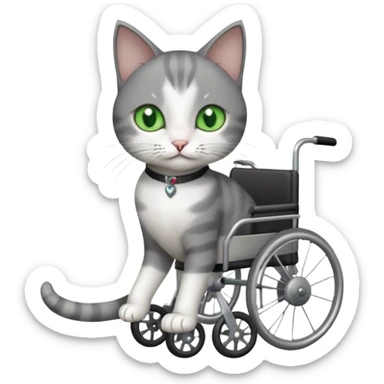 full body small short hair dark grey and white cat with green eyes walking in a wheelchair for cats sticker
