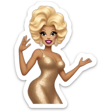 Drag queen, full body. Rupaul Charles. blonde hair styled swept to the side. sequin dress, posed with left hand on her hip, right hand raised in the air. Iconic, legendary, proud sticker