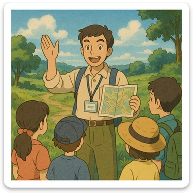 ghibli style illustration of a travel guide speaking to a group outdoors sticker
