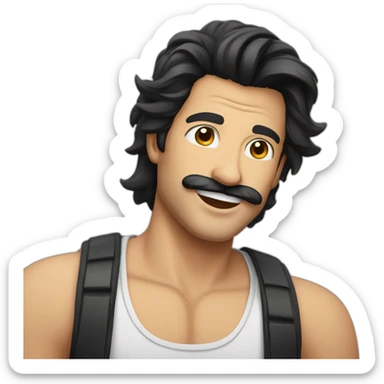 HAPPY MAN WITH MUSTACHE, stubble AND LONG BLACK HAIR AND WHITE TANK TOP sticker