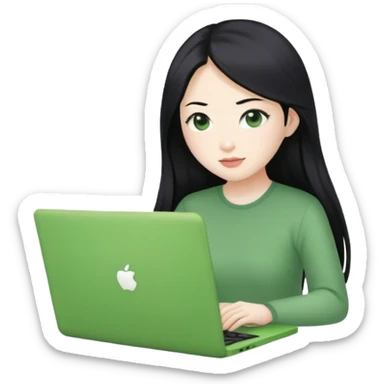 Long hair asian woman working on green laptop sticker