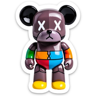 Bearbrick figure with classic KAWS crossed-out X eyes, colorful bear-shaped collectible toy with articulated limbs sticker