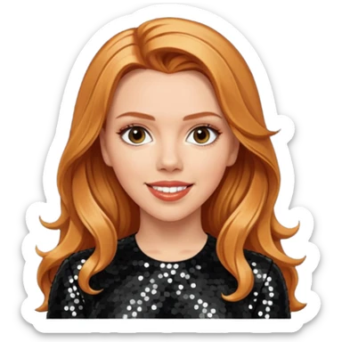 Scarlett Johansson with long reddish blonde hair, black sequin outfit sticker