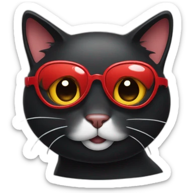 black cat wearing red with and a gogle with smiling face sticker