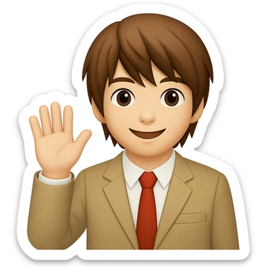 Create an image of Light Yagami from Death Note in the style of apple emojis. He has brown hair and is wearing a school uniform. He is waving with one hand and has a friendly expression. sticker