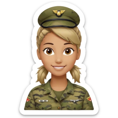 Apple-style emoji: female soldier, bust, no cap/helmet, friendly smile, generic camo top, hair in bun, soft gradients sticker