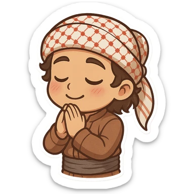 Kurdish sticker, wishful mood, cartoon style, Kurdish person in jamadani, eyes closed, making a wish, hands together, dreamy expression, no text sticker