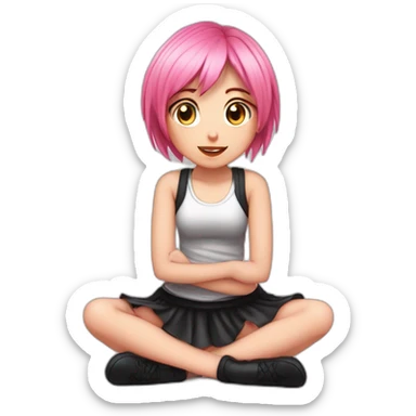 Full body Front view curvy emo girl pink hair sits on the floor straight view hands up black skirt белые трусики полосатые рваные чулки sticker