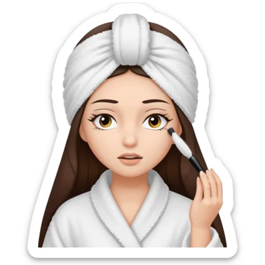Girl with brown hair in white dressing gown and white towel wrapped in her head doing her mascara  Eyes closed white dark hair and towel wrapped differently doing mascara long hair  sticker