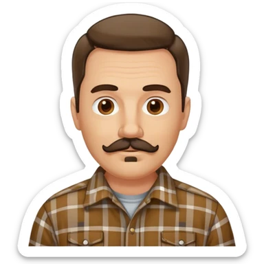 middle aged white man with dark brown mustache and goatee, wearing a plaid shirt sticker