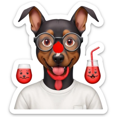 Generate a emoji of a big evil doberman dog with red eyes and a tongue sticking out, give the doberman a human body with a white shirt and baggy jeans, make the doberman have ear piercings and a septum ring, make the dog have black circular glasses with a red tint sticker