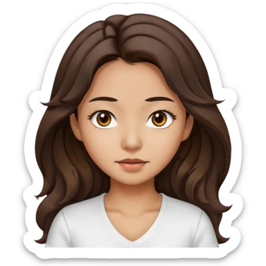 iOS style emoji. A girl with very long dark brown wavy hair. And the eyes color is dark brown. And she is wearing white t shirt with V kneck. And she is 30. She is Asian with double eyelids  sticker