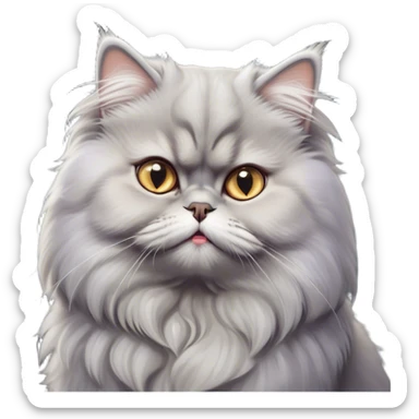 Cinematic Derpy grumpy comical Grey Persian Cat Portrait Emoji, Head tilted playfully with an adorably awkward expression, fluffy grey fur with soft silver undertones, Simplified yet hilariously derpy features, highly detailed, glowing with a warm but slightly confused glow, high shine, a mix of lazy and clueless, stylized with a touch of whimsy, bright but with a completely derpy and grumpy face, soft glowing outline, capturing the essence of a quirky yet chubby, grumpy kitty, so endearing it feels like it could stretch out of the screen and demand attention with its wonderfully derpy charm! sticker