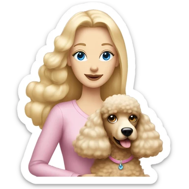 blonde mom with straight long hair has blue eyes is holding a cream poodle  sticker