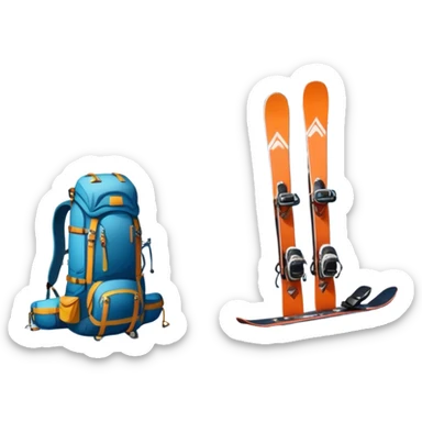 Icon for Mountain Tourism: a snowy peak landscape with skis, a snowboard, climbing equipment, a backpack and a camera. The icon should represent the adventure and excitement of mountain travel and outdoor exploration. Transparent background. sticker