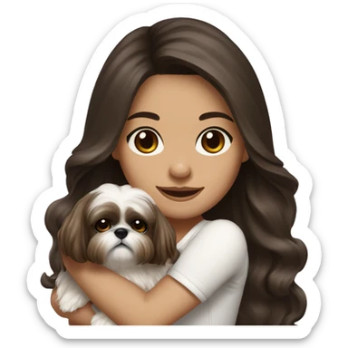 Young dark brunette medium kin hair woman with a cream shih tzu in her arms long wavy hair sticker