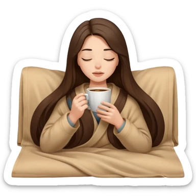 Brunette girl long hair inside a beige blanket sipping coffee eyes closed sticker