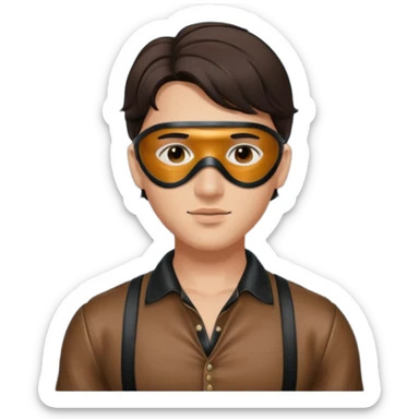 brunette young adult man with leather eye mask and leather halter neck blouse sticker