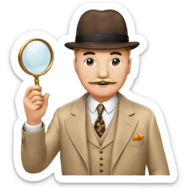 A cinematic-style frame showing Hercule Poirot in his iconic suit with a magnifying glass in a dramatic detective pose. Background should be mysterious city background and subtle clues like fingerprints or a crime scene. Transparent background. sticker