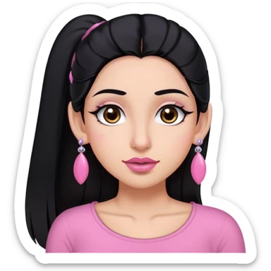 Pelo negro largo, tez morena, ojos grandes y marrones con muchas pestañas, cejas pronunciadas arqueadas, nariz pequeña, labios grandes y rosados claros, top de salir rosa, pantallas en la orejas y orejas pequeñas  sticker