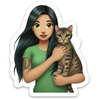 girl with long straight black hair and brown eyes, wearing a green shirt. mermaid tattoo on her arm. fairer skin. she is holding her bengal cat with green eyes. only the chest up is visible in the emoji sticker