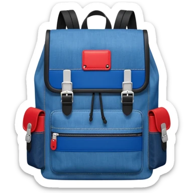 Minimalist emoji-style icon of a stylish blue denim backpack with a flap top, two vertical black buckle straps, a large red-white-navy horizontal block in the center, and two zipper side pockets. Inspired by Tommy Jeans design. Front view, cartoon-like, clean design.

 sticker