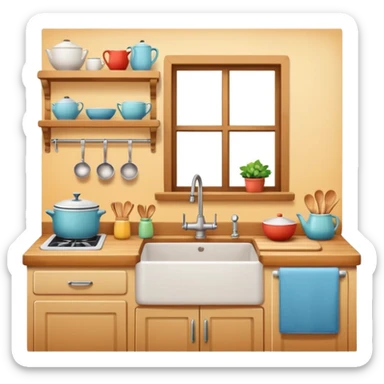 A cozy home kitchen in clean emoji-style illustration. Warm colors, simple shapes, homemade dishes on the counter, friendly atmosphere, flat design, high contrast, clear outlines. sticker